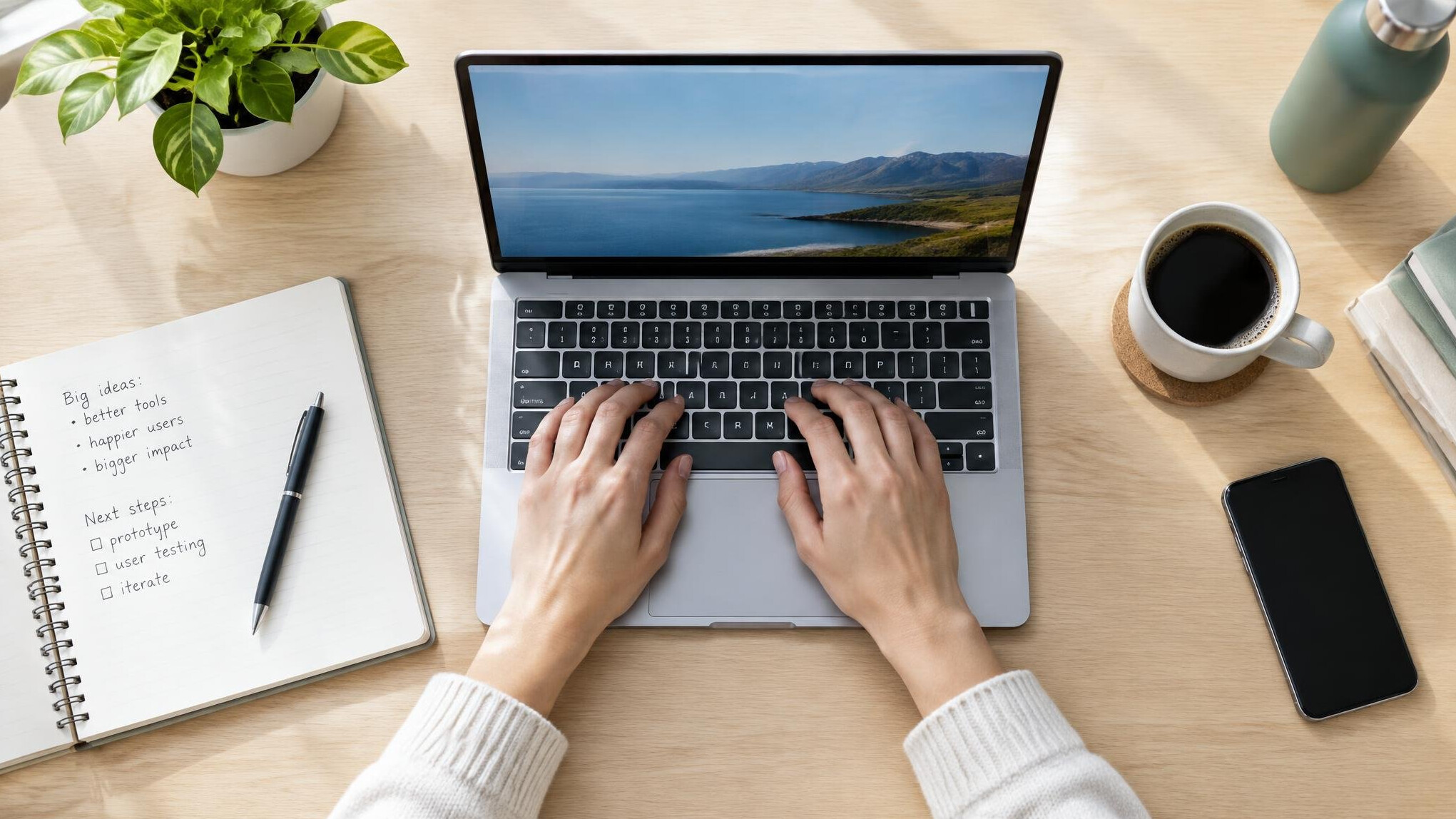 Notebook and laptop on a bright desk seen from above