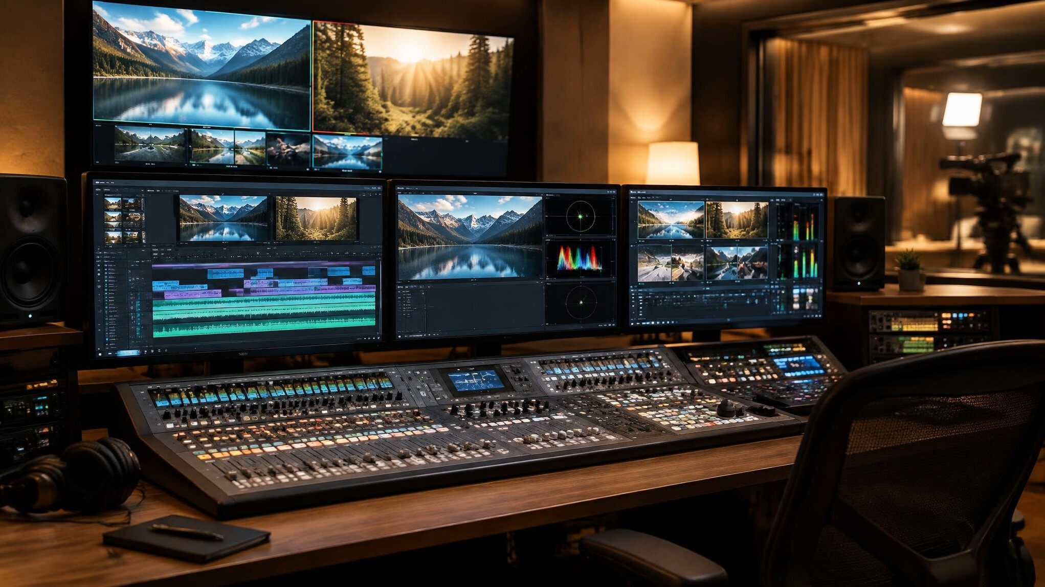 Professional media production studio with mixing console and monitors