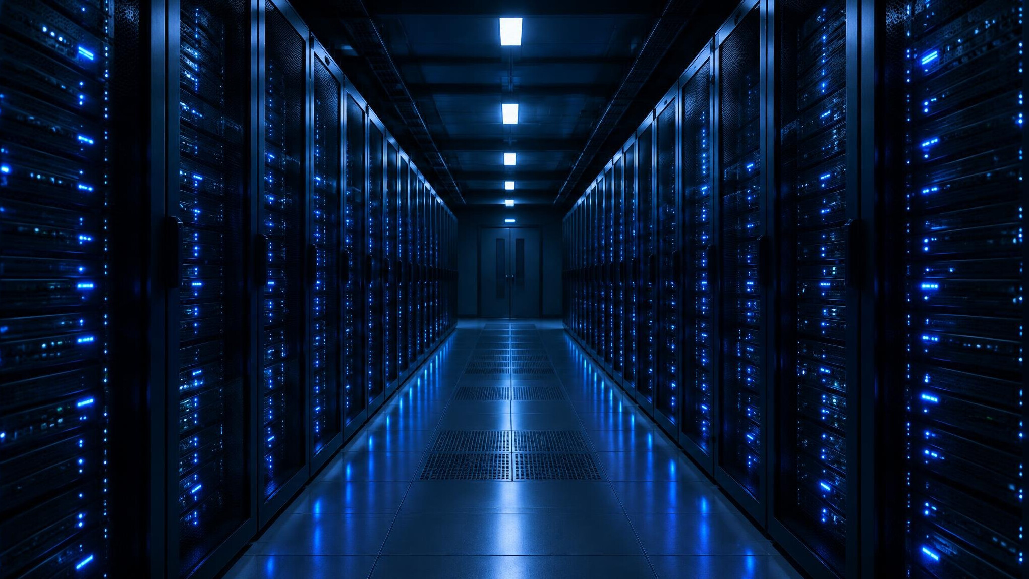 Rows of server racks in a data center corridor