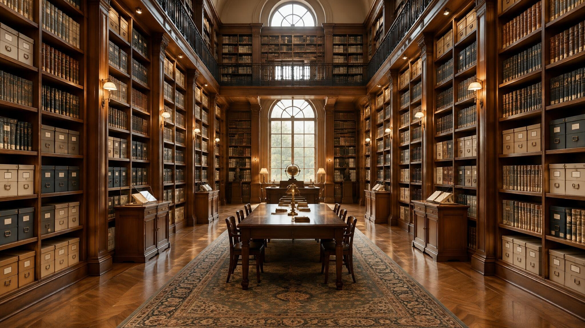Tall library shelves filled with archived books