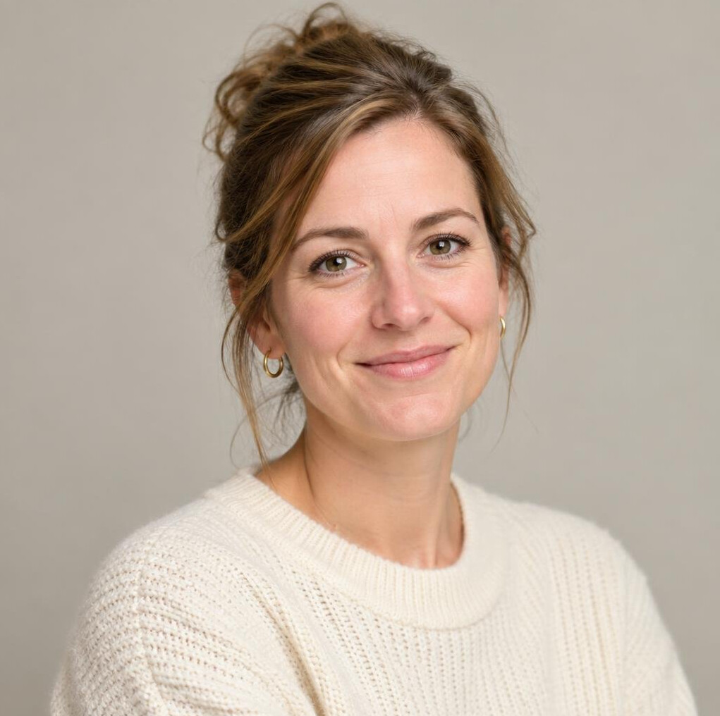 Young woman with light brown hair smiling at camera
