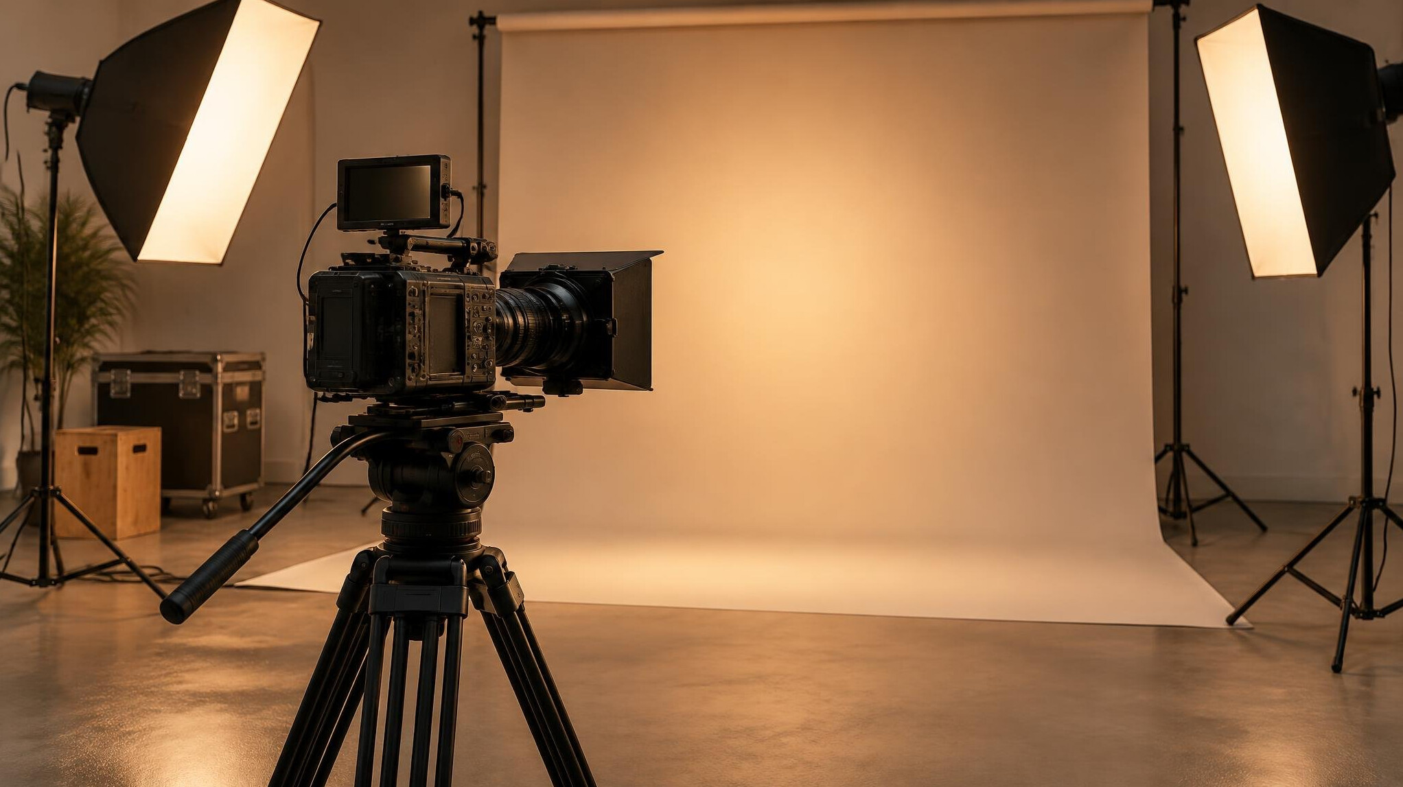 Video camera on a tripod in a studio with lights
