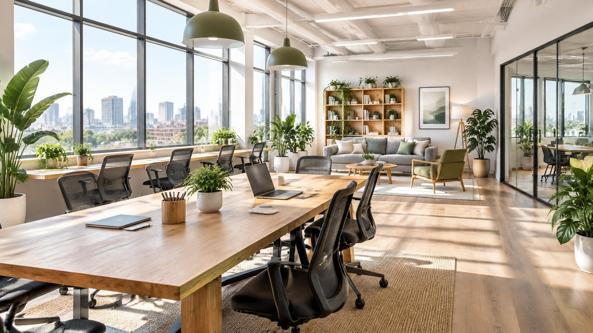 Bright modern office interior with large windows